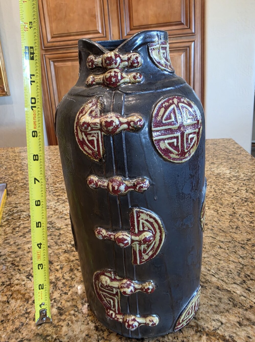 Decorative Black Red Ceramic Accent Vase Asian Inspired